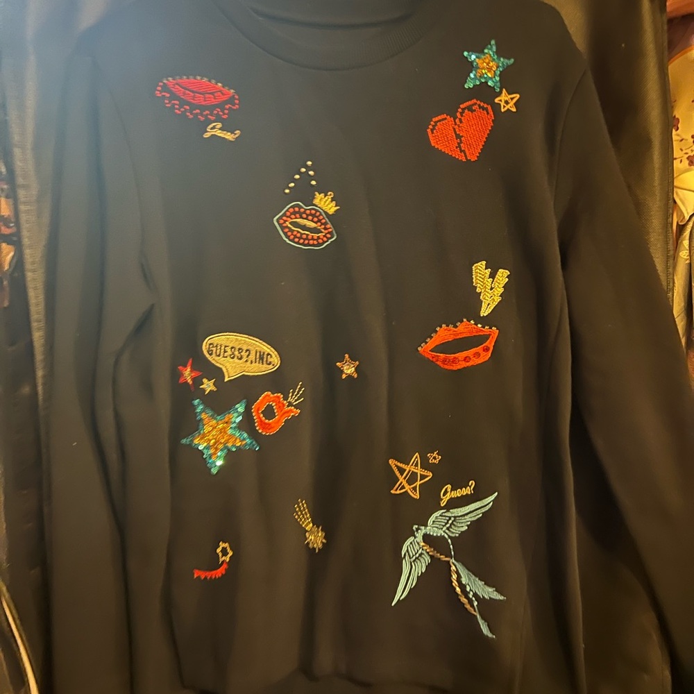 Guess Women's Black Sweater with Vibrant Embroidery